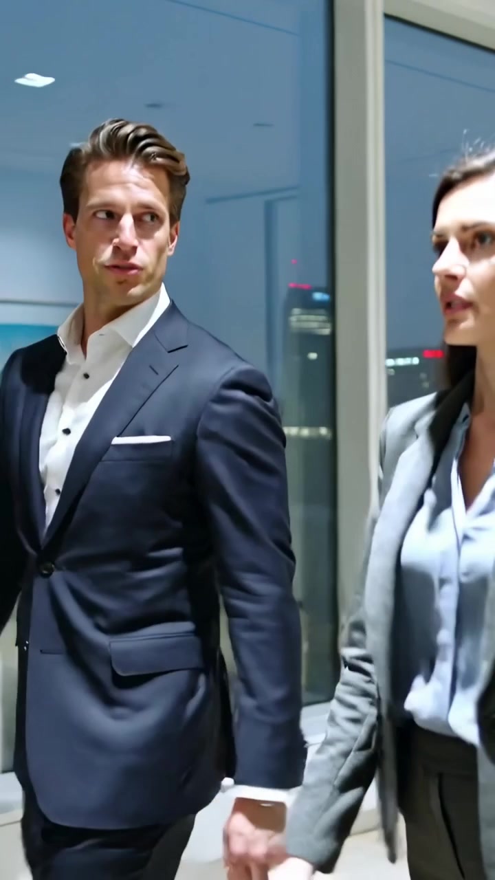 Verticale video: Twee collega's in pakken, grijze blazer, komen van links in beeld en lopen langs ramen.