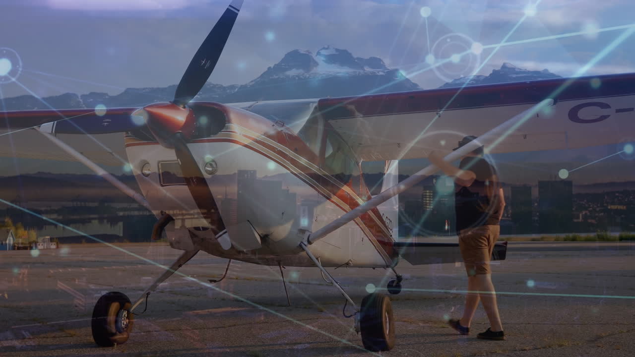 анимация сети соединений с иконами над кавказским человеком и самолетом