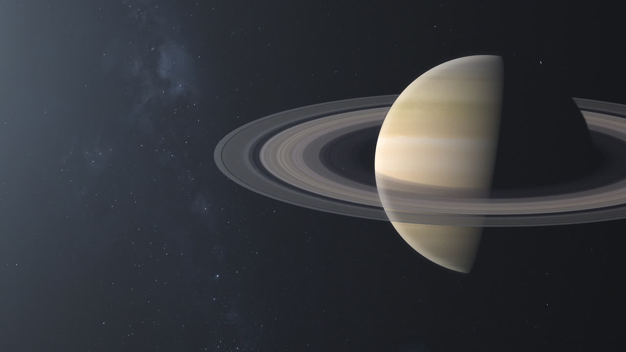 Planet Saturn with Celestial Rings in Deep Space Solar System with Sun Haze and Milky Way Background - 3D CGI Animation 4K