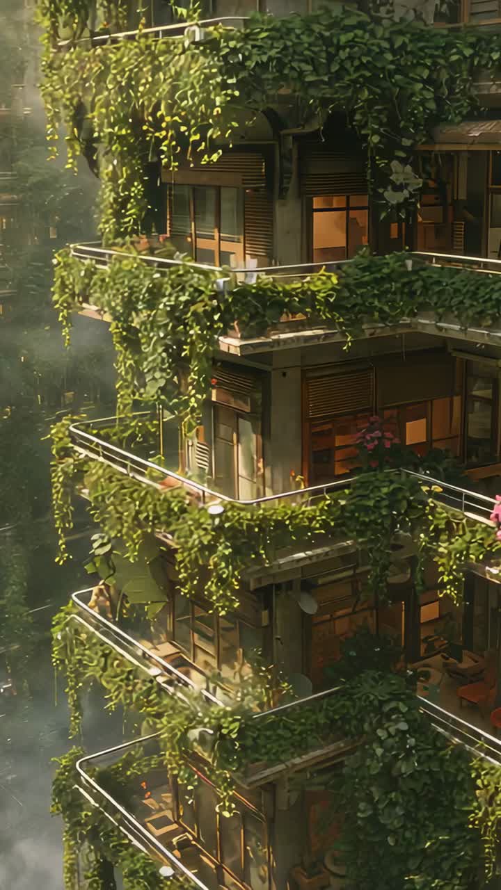 Vertical video: Camera panning down to show residential facade with sunlit balconies and vines