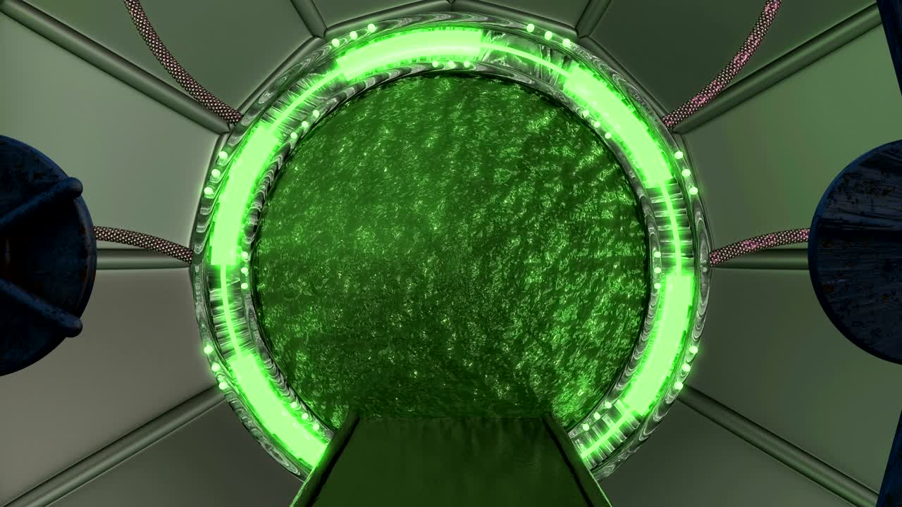 la escotilla oxidada de hierro abre una vista panorámica a la escena del paisaje de la nave espacial. fondo abstracto 3d de corredor de ciencia ficción con portal. tecnología futurista abstracto vj para títulos tecnológicos y fondo.