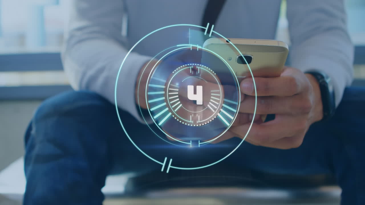animación del alcance con cuenta atrás sobre el hombre usando un teléfono inteligente