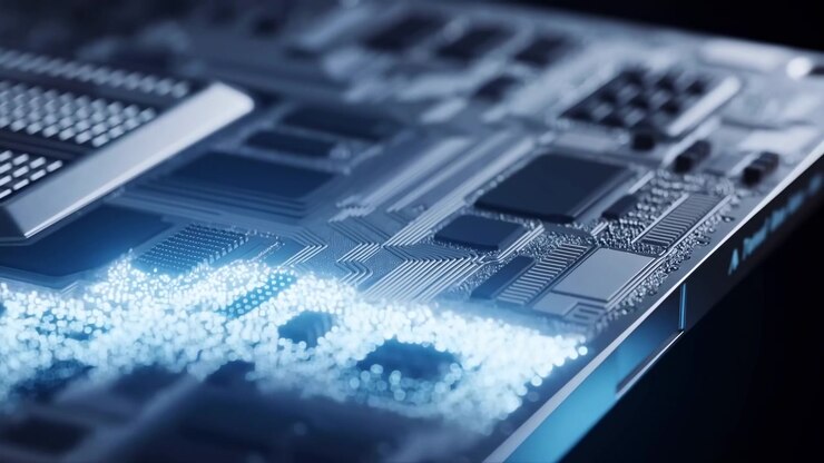 Bright blue particles sweep across an electronic circuit board as the luminous band shifts between chips and etched pathways, highlighting layered components against a dark background.