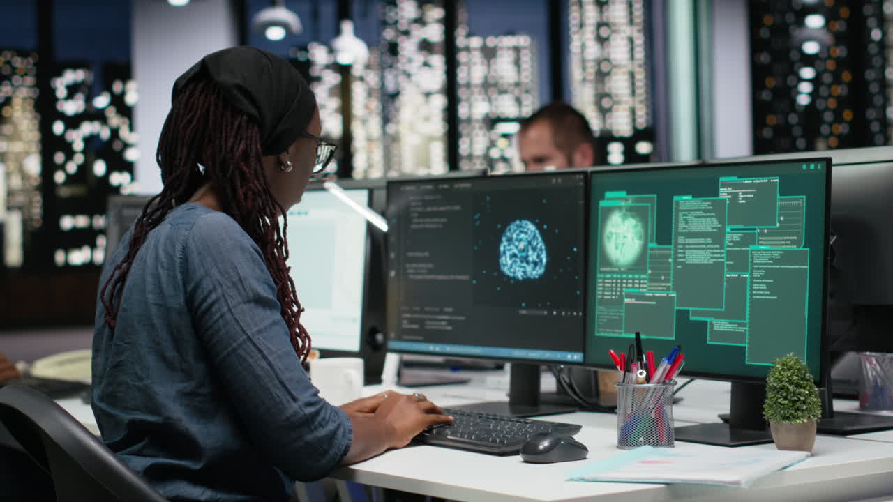 Female Programmer Reacts to System Hacked Alert in Modern Office