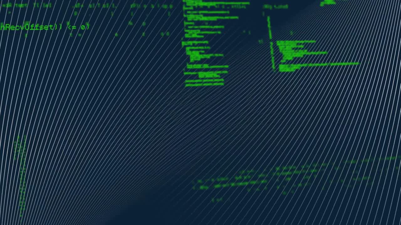 Animation of red pattern and data processing on black background