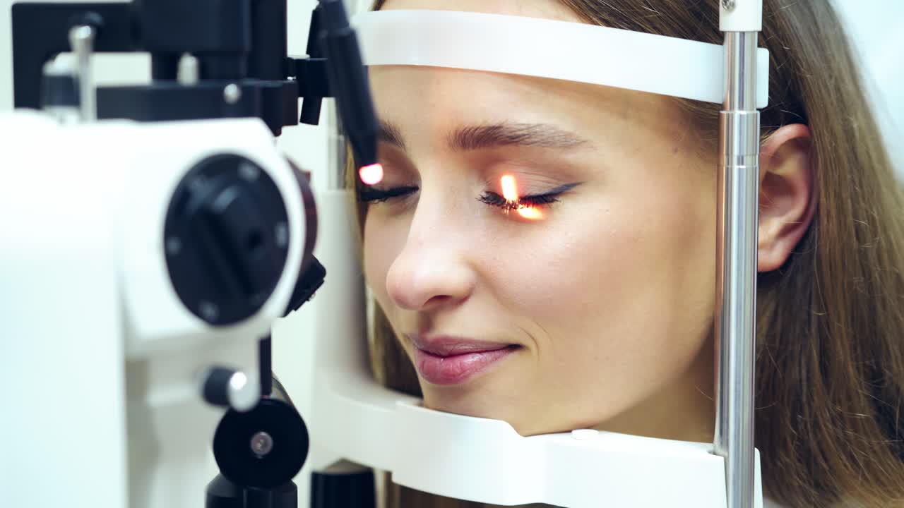 Face of a young female at an ophthalmologist office. Smiling woman holds eyes open during an optical exam. Eye check up by modern microscope. Medical device laser shine inside the eye.