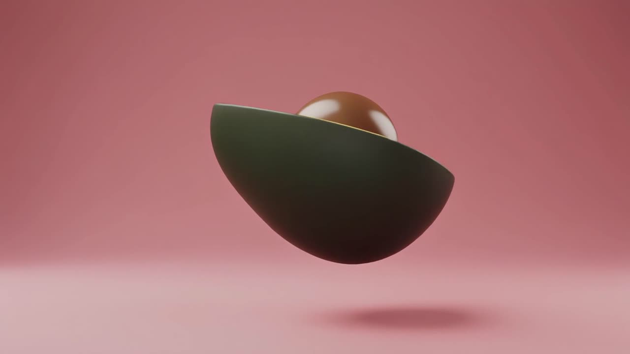 3D renderovaná stylizovaná polovina avokáda rotující na růžovém pozadí