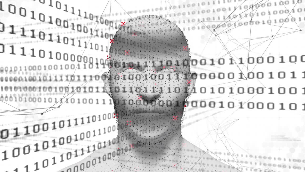 animación de la cabeza humana brillando con la codificación binaria de la interfaz digital