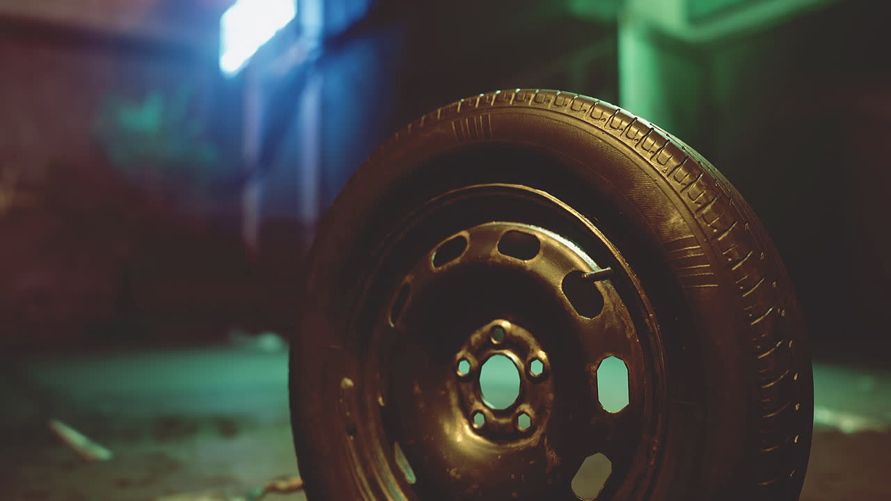Abandoned tire resting on pavement in dimly lit urban area at night