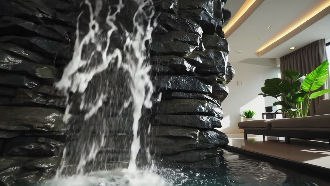 Luxury Home Interior with Waterfall Feature