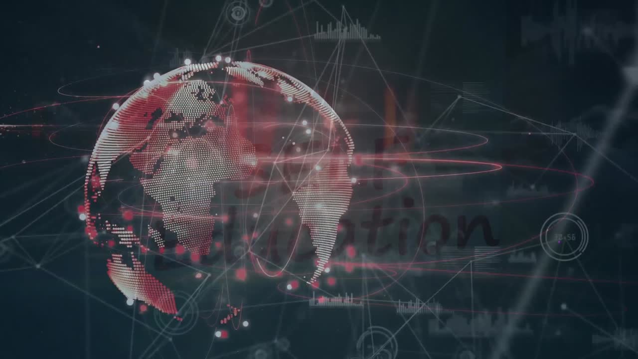 animación del globo y texto educativo a través de una red de conexiones