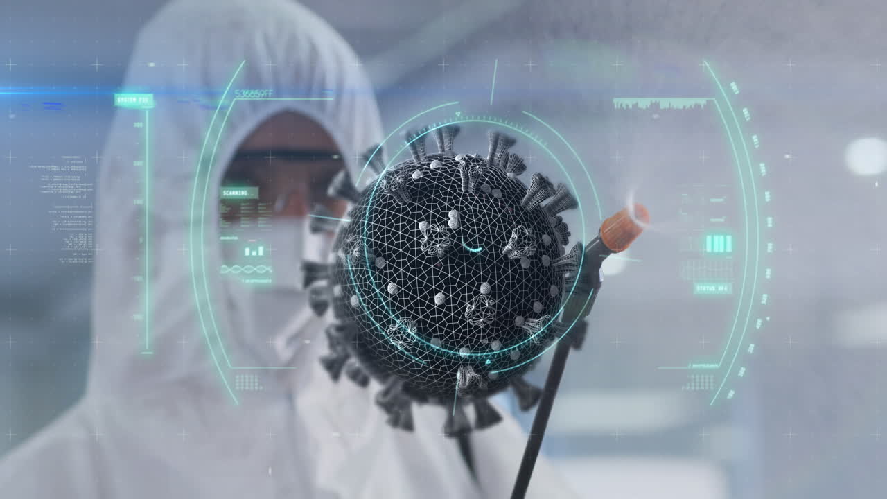 animación de la célula de covid-19 girando con el hombre desinfectando la oficina