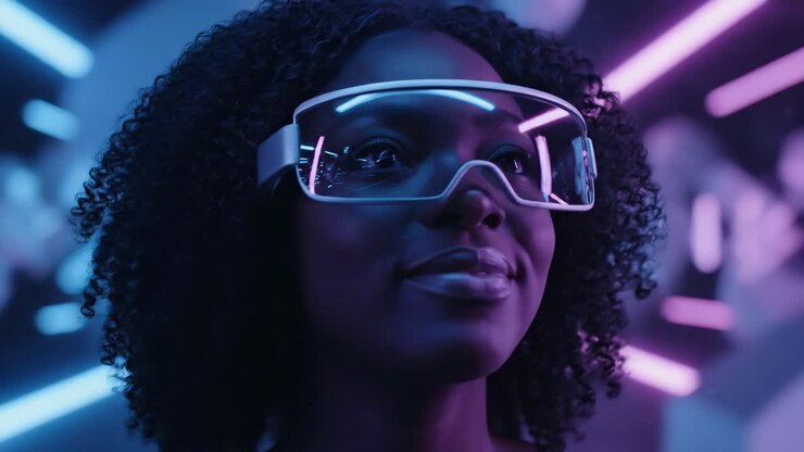 Eine Frau mit futuristischer Smart-Brille in einer neonbeleuchteten Umgebung.