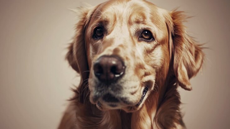 Close-up video still of a golden retriever, shot from a front angle