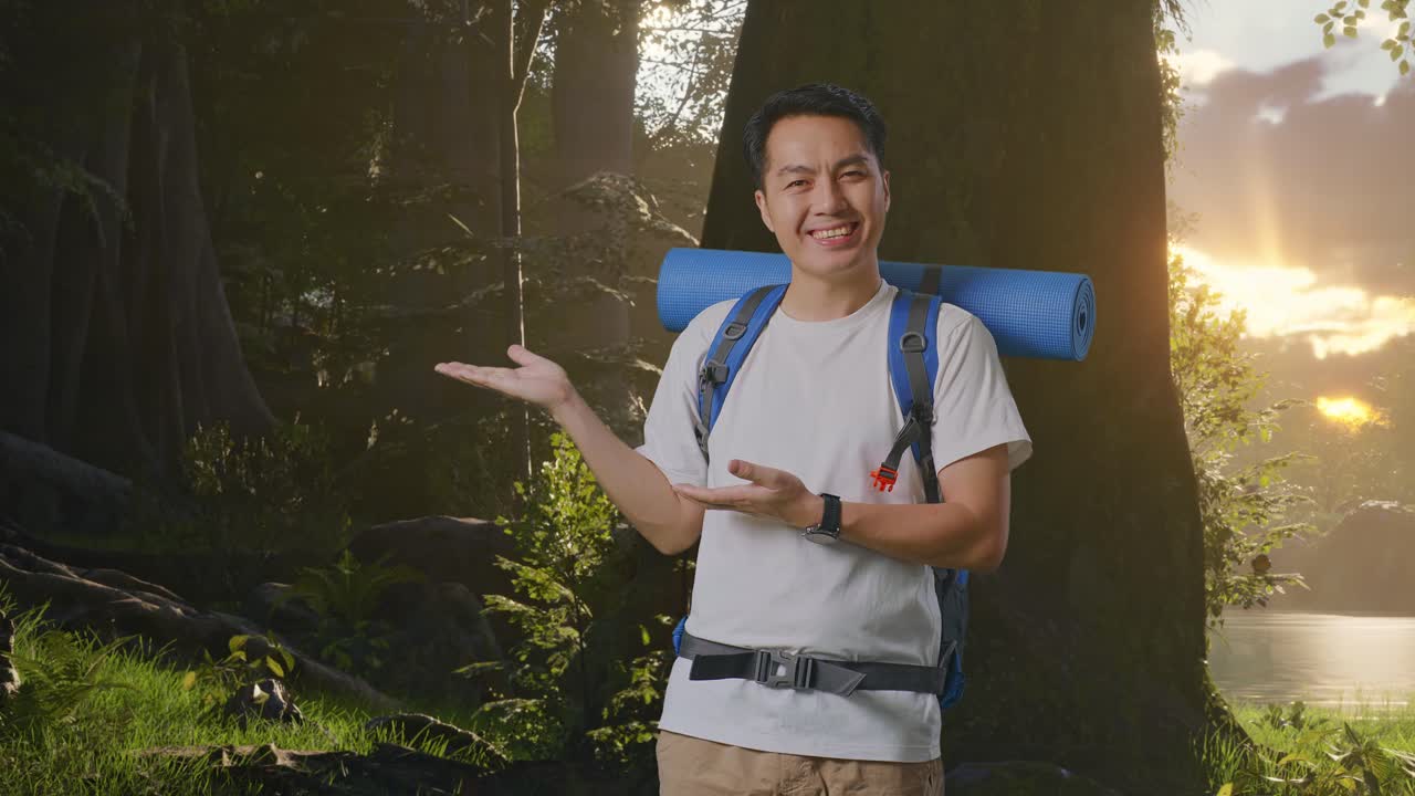 산악 배 을 들고 있는 아시아 남자 산책객 이 숲 의 자연 을 탐험 하는 동안 웃고  을 가리키고 있다