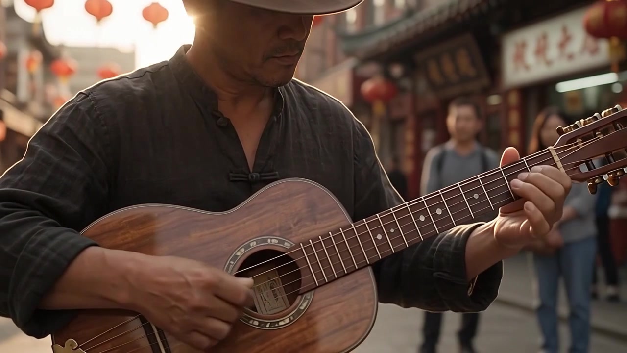 Musicista di strada che suona la chitarra acustica in un tradizionale mercato cinese