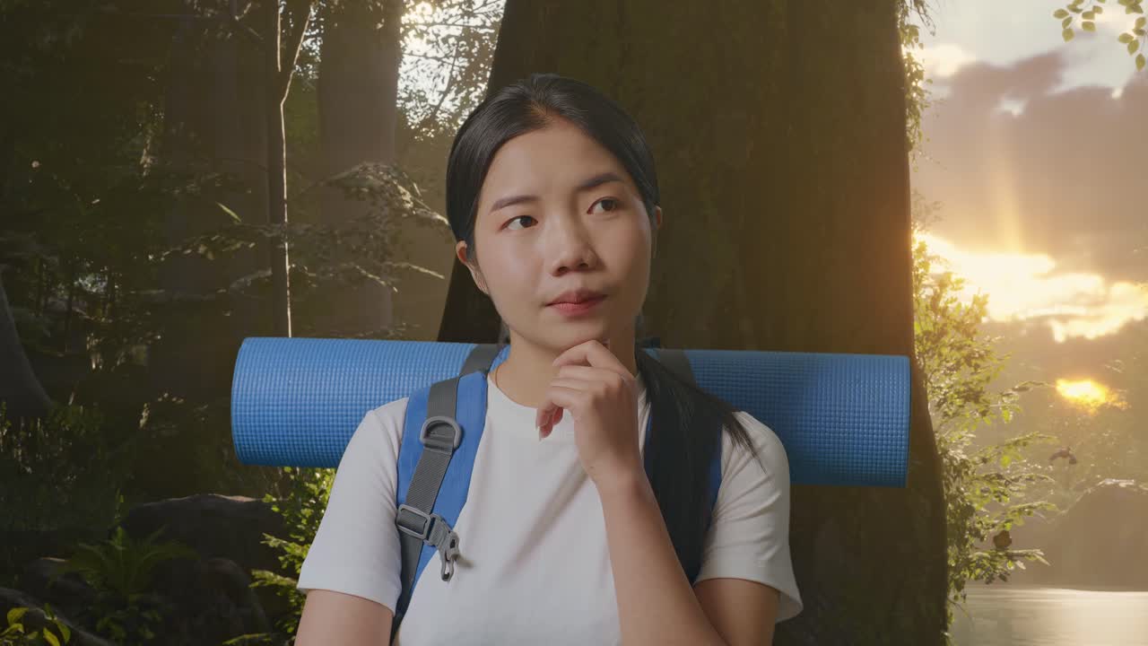 숲에서 산책하는 행복한 여자