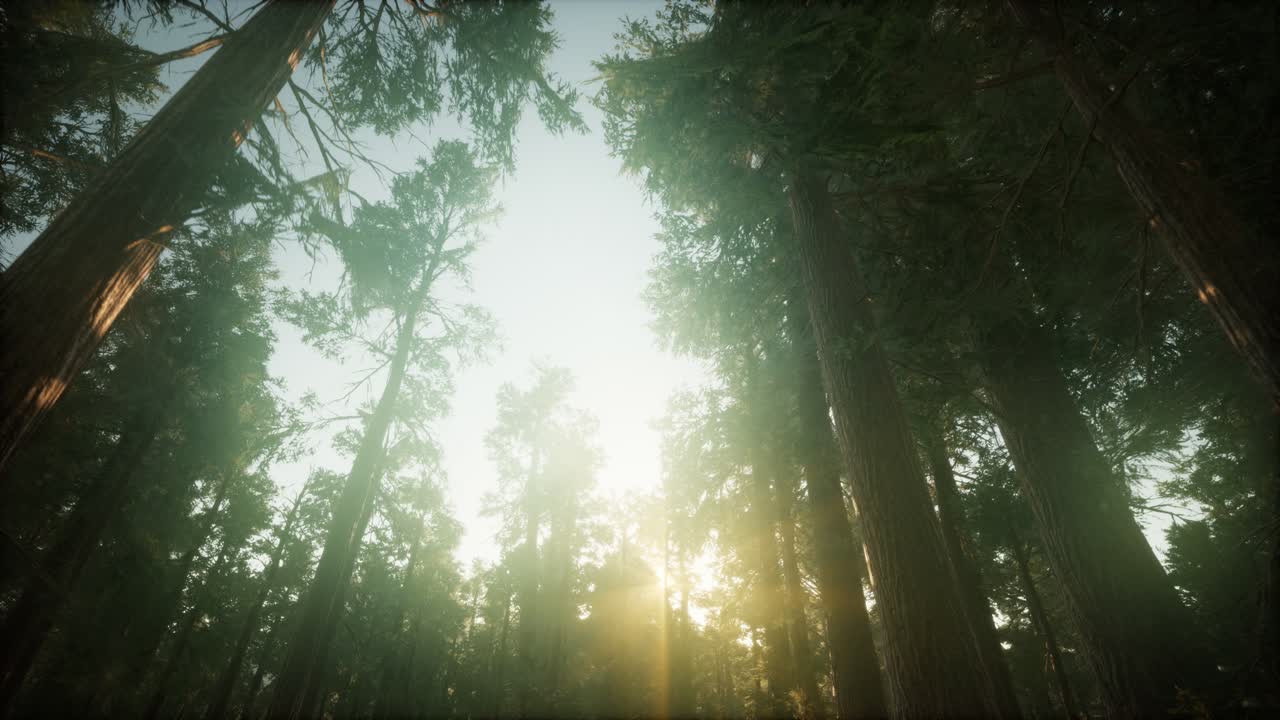 ⁇ 나무 숲 안개가 가득한 해가 지는 풍경