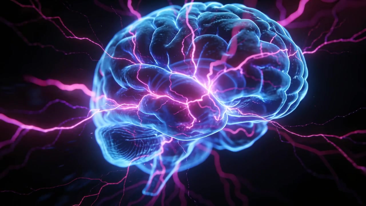 Sparking neon-blue brain model escalating magenta arcs, rotating in dark void, simulating cognition