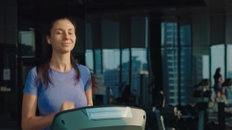 mujer corriendo en una cinta de correr en el gimnasio