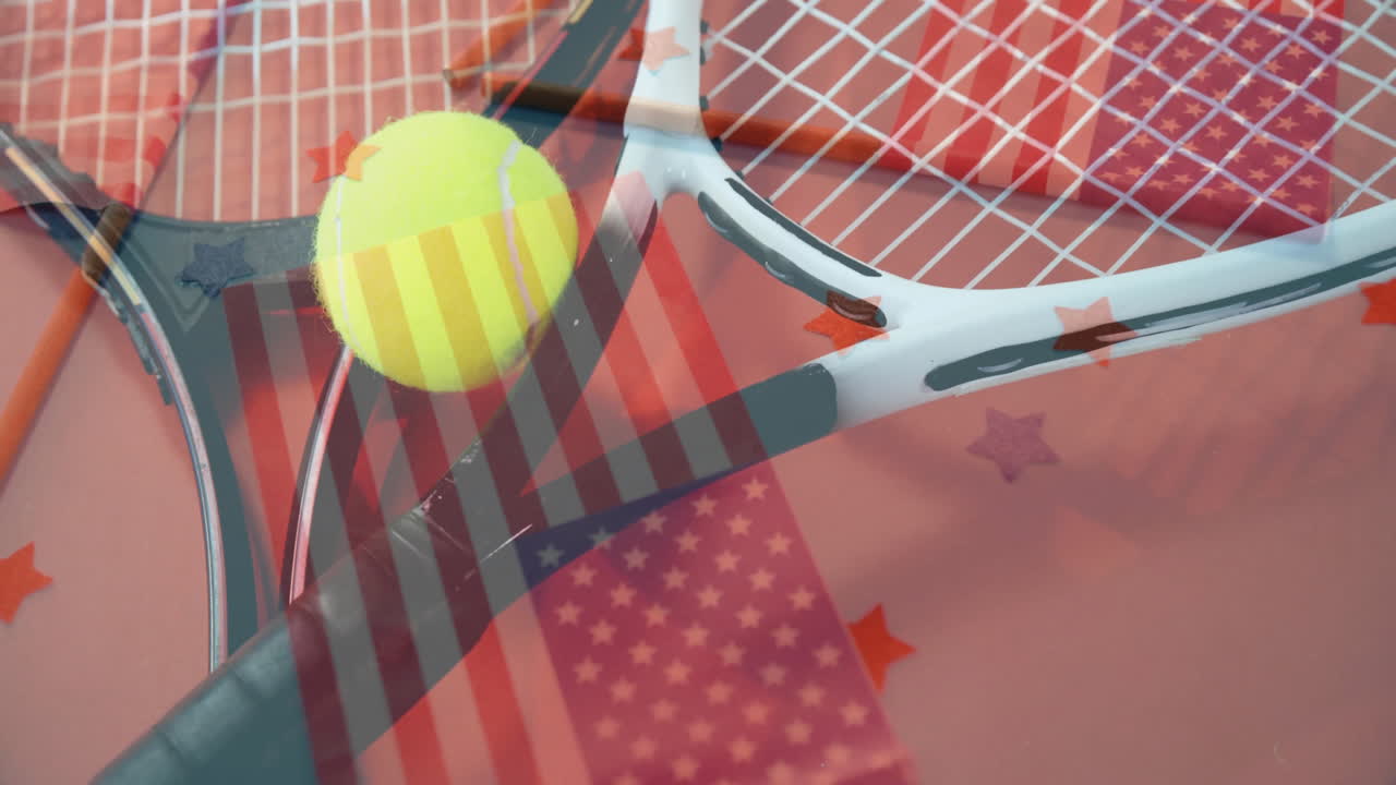 Two tennis rackets crossing on red surface, showing tennis ball and flat design star overlay