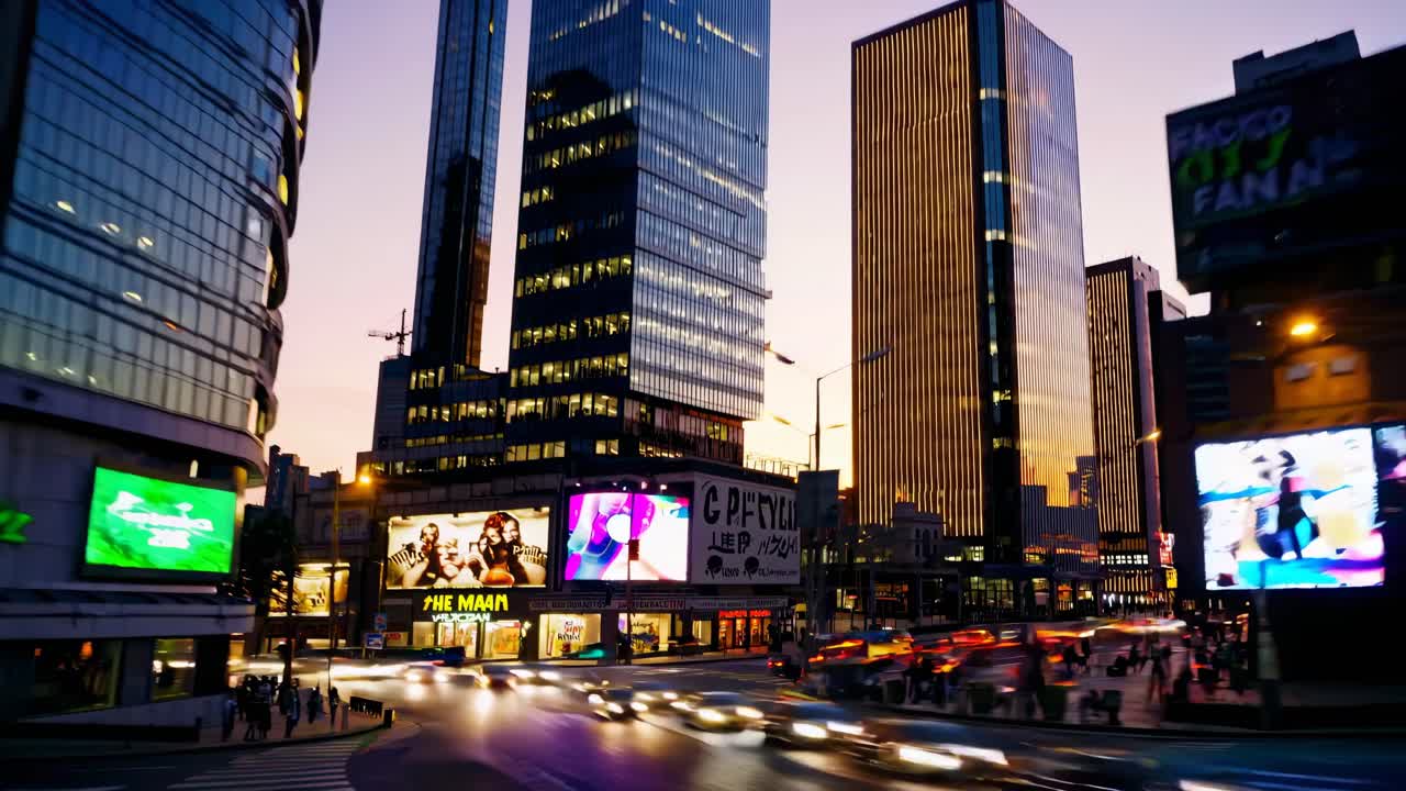 Busy city street at dusk with skyscrapers, illuminated billboards, and moving traffic