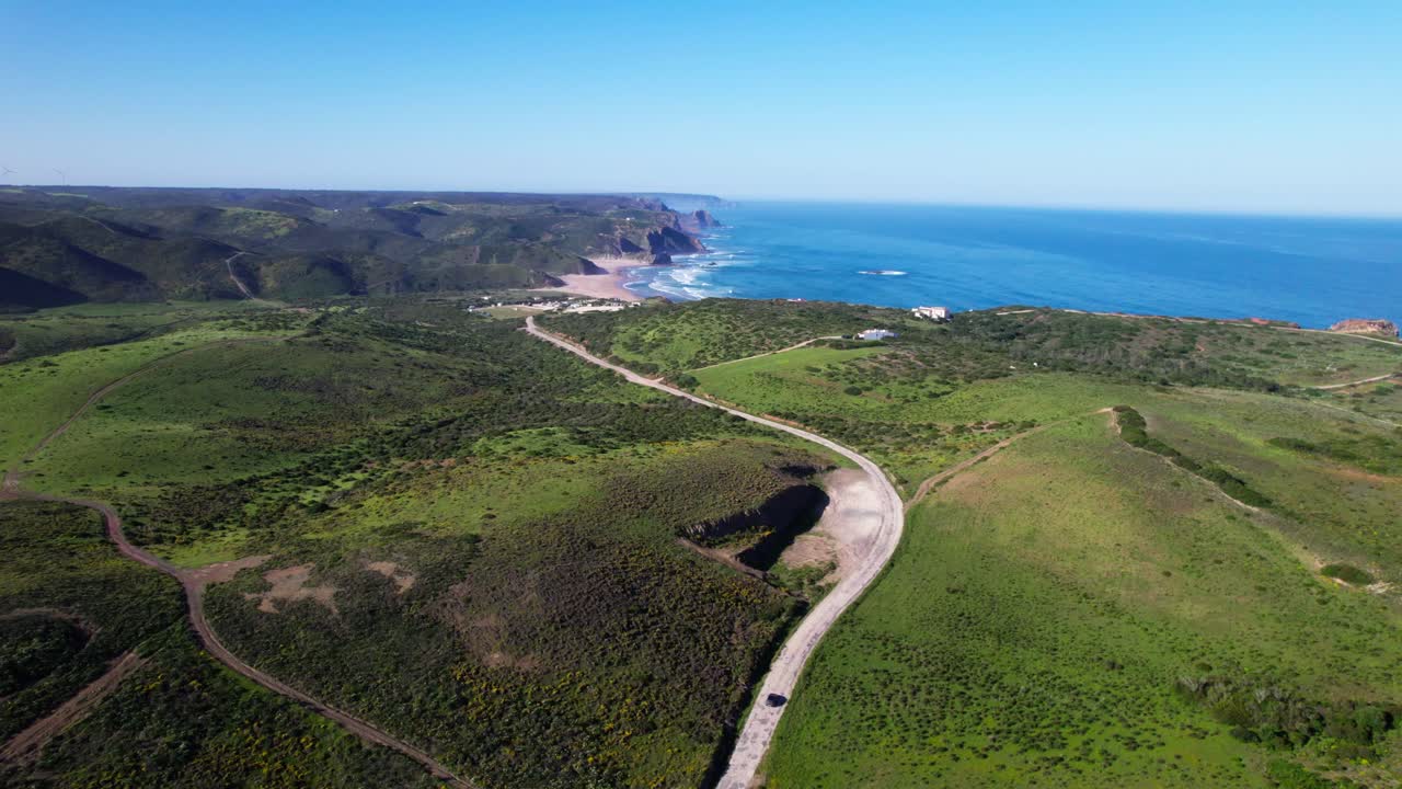 Road Towards The Shores Of Amado Beach In Carrapateira, Algarve Region Of Portugal. Aerial Drone Shot