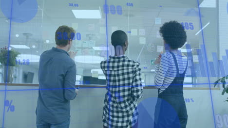 analyzing data charts, diverse team collaborating in modern office with animation
