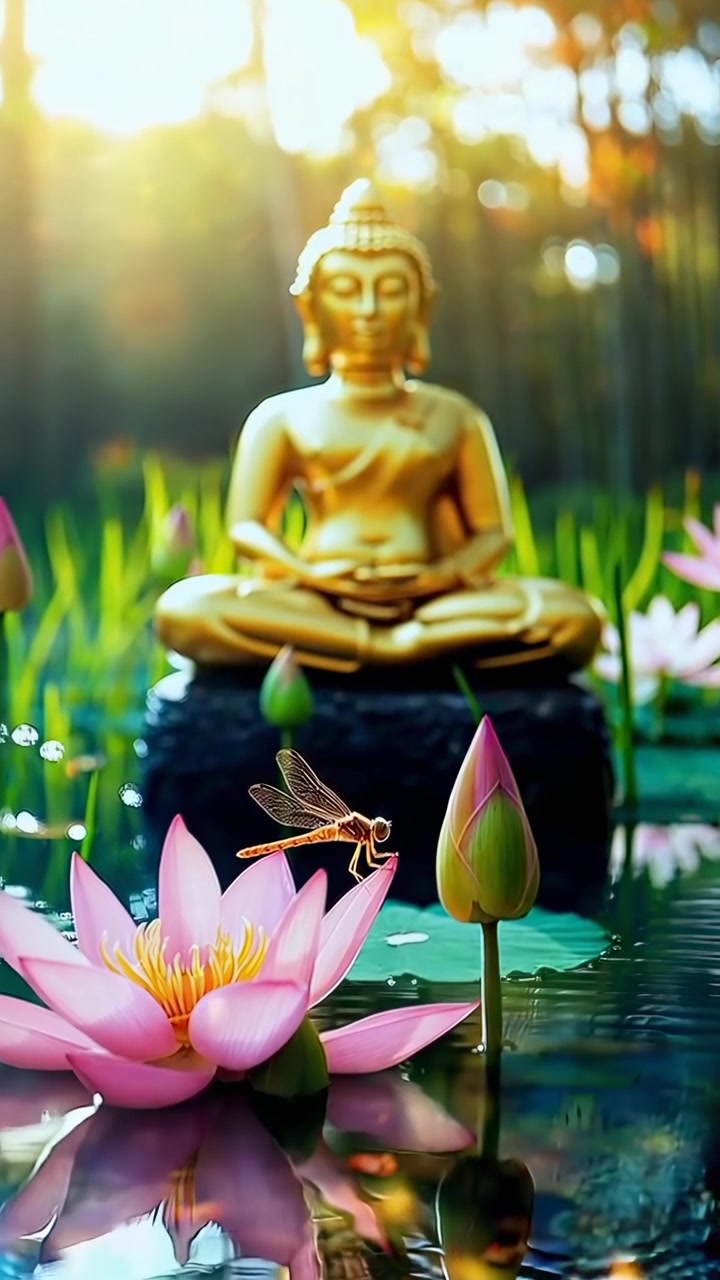 Statua dorata di Buddha e libellula su fiore di loto in stagno
