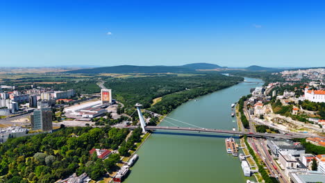stunning view of bratislava from above. aerial perspective showcasing the danube river and urban landscape of bratislava with green hills in the background