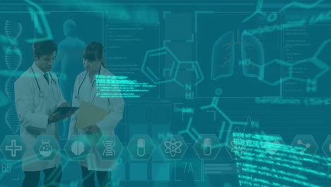 Animation-of-chemical-formulas-and-data-processing-over-diverse-female-and-male-doctors