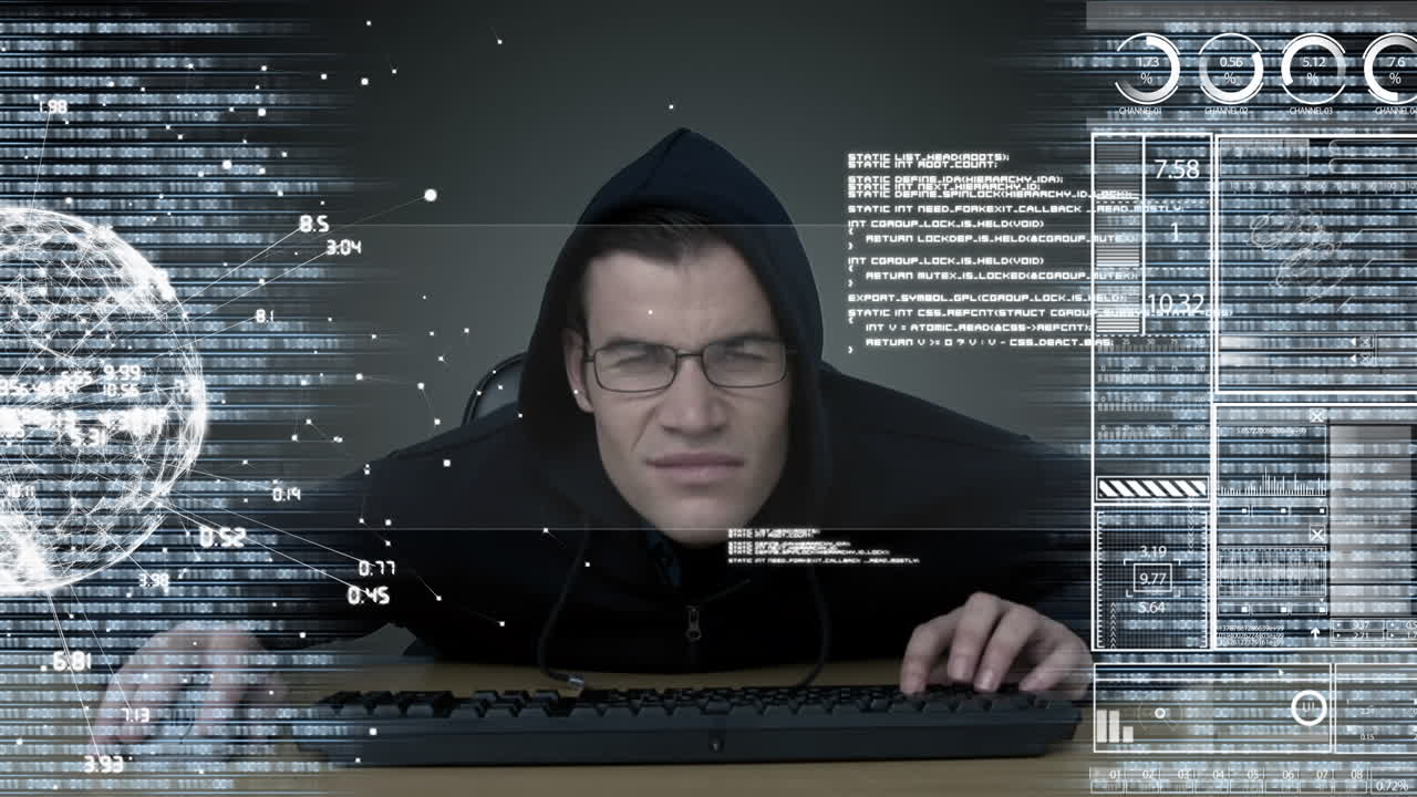 Animation of data processing and globe over caucasian male hacker