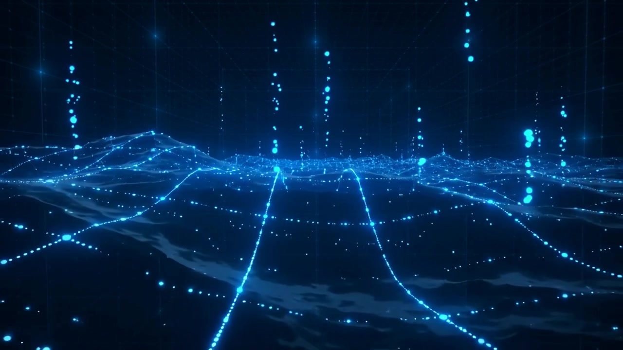 Drifting camera showing rippling mesh at low forward view, adding depth, with lit nodes and streams