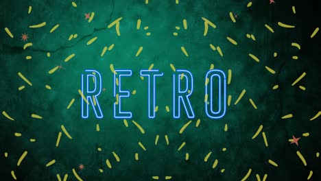 Animation-Von-Retro-Text-In-Blauem-Neon,-Mit-Gelbem-Konfetti,-Das-Auf-Grünen-Hintergrund-Fällt