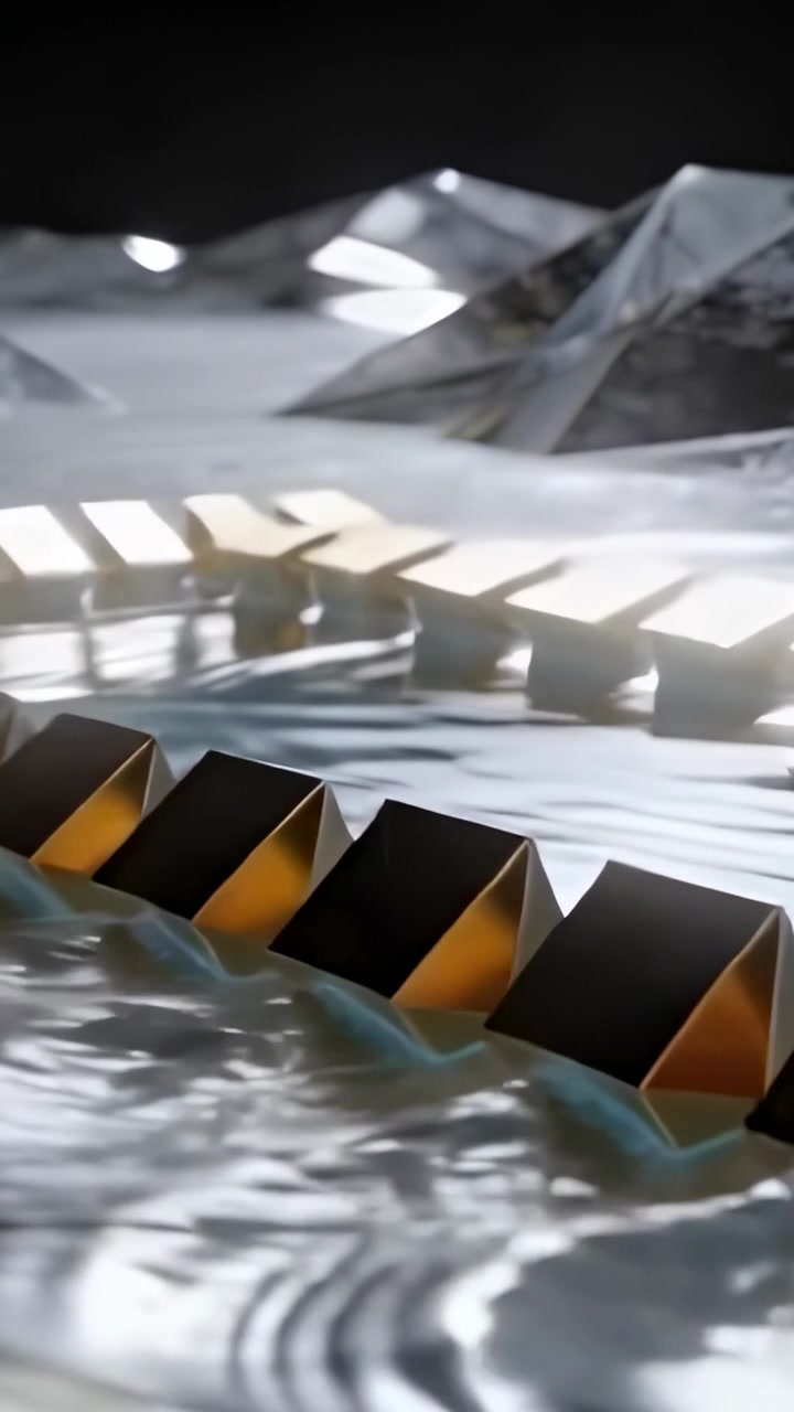 Video verticale: Moduli dorati mossi da un motore scivolano sulla piscina, con uno sfondo sfaccettato in evidenza.