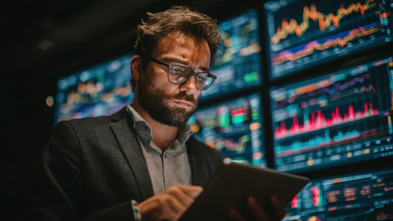 Analyzing Financial Data Through Technology: A Focused Individual Engaged with Digital Charts and Graphs on a Tablet in a Modern Workspace