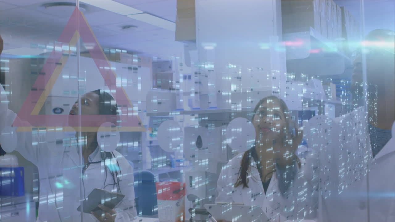 In laboratory, scientists analyzing data with animation on digital interface