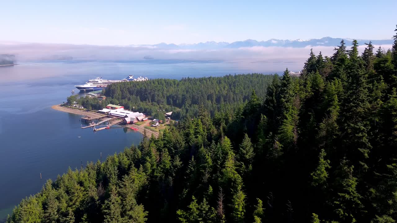aerial with cruise ship in distance at Icy Strait Point near Hoonah Alaska