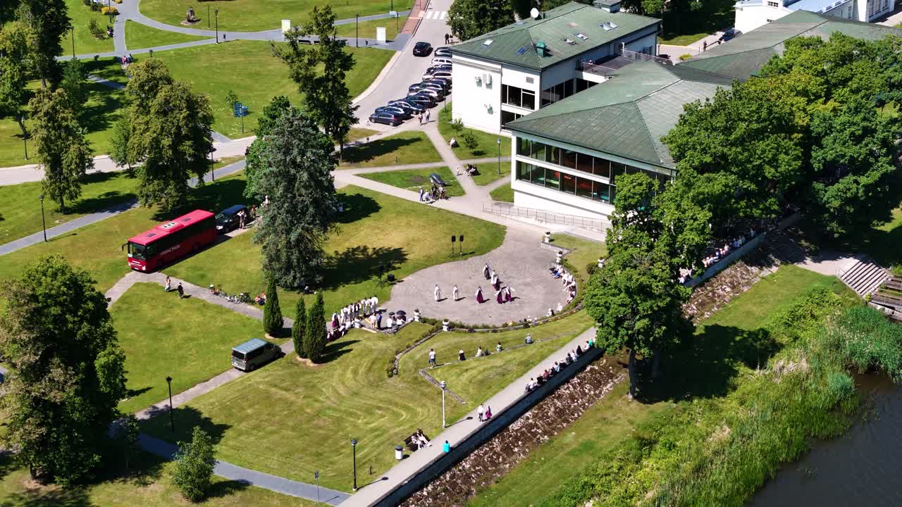 Folk dance showcase in Birstonas, aerial drone view