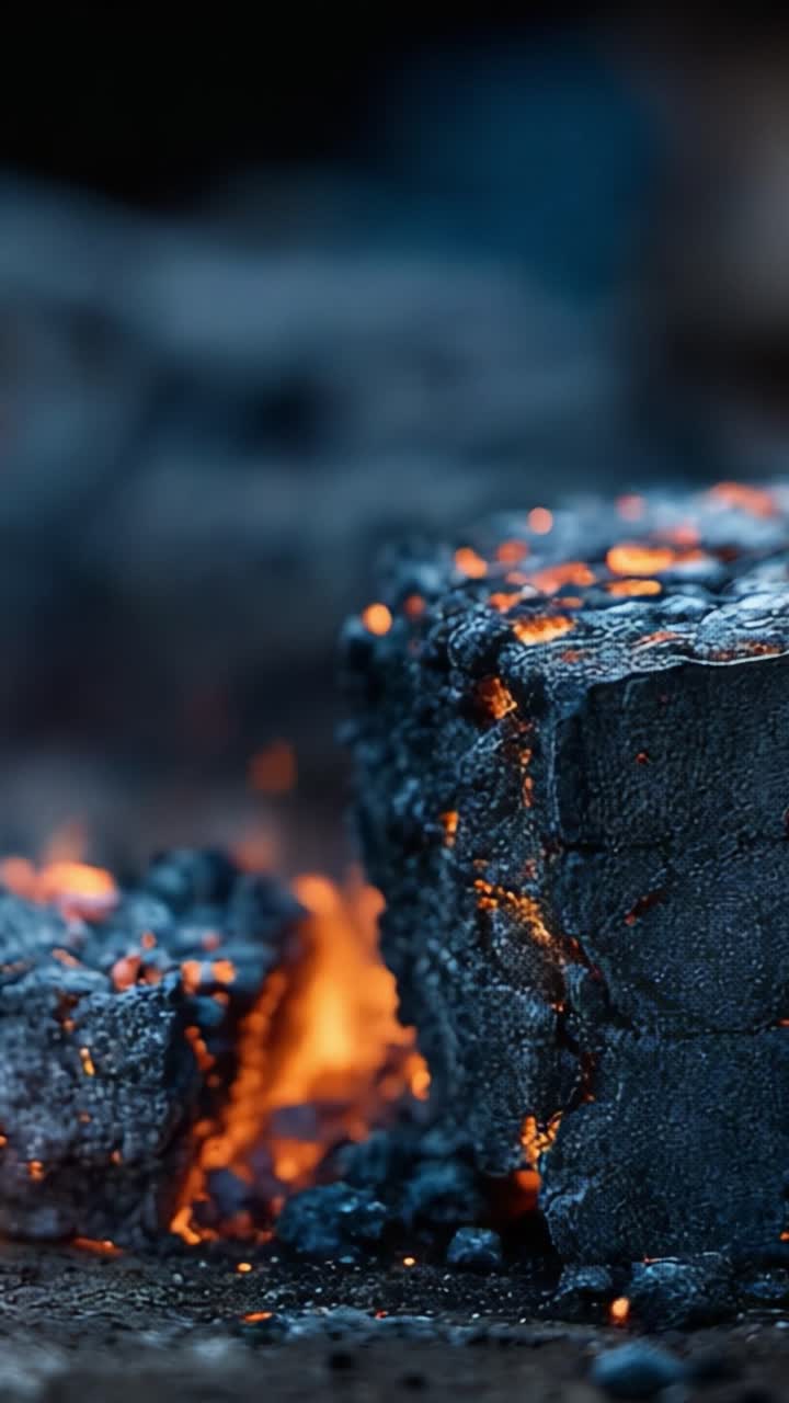 Affascinante Trasformazione di Roccia Fusa: Un Primo Piano di Scintille e Braci Incandescenti che Emanano da Roccia Lavica Fessurata, Illustrando la Bellezza Naturale e la Potenza del Fuoco