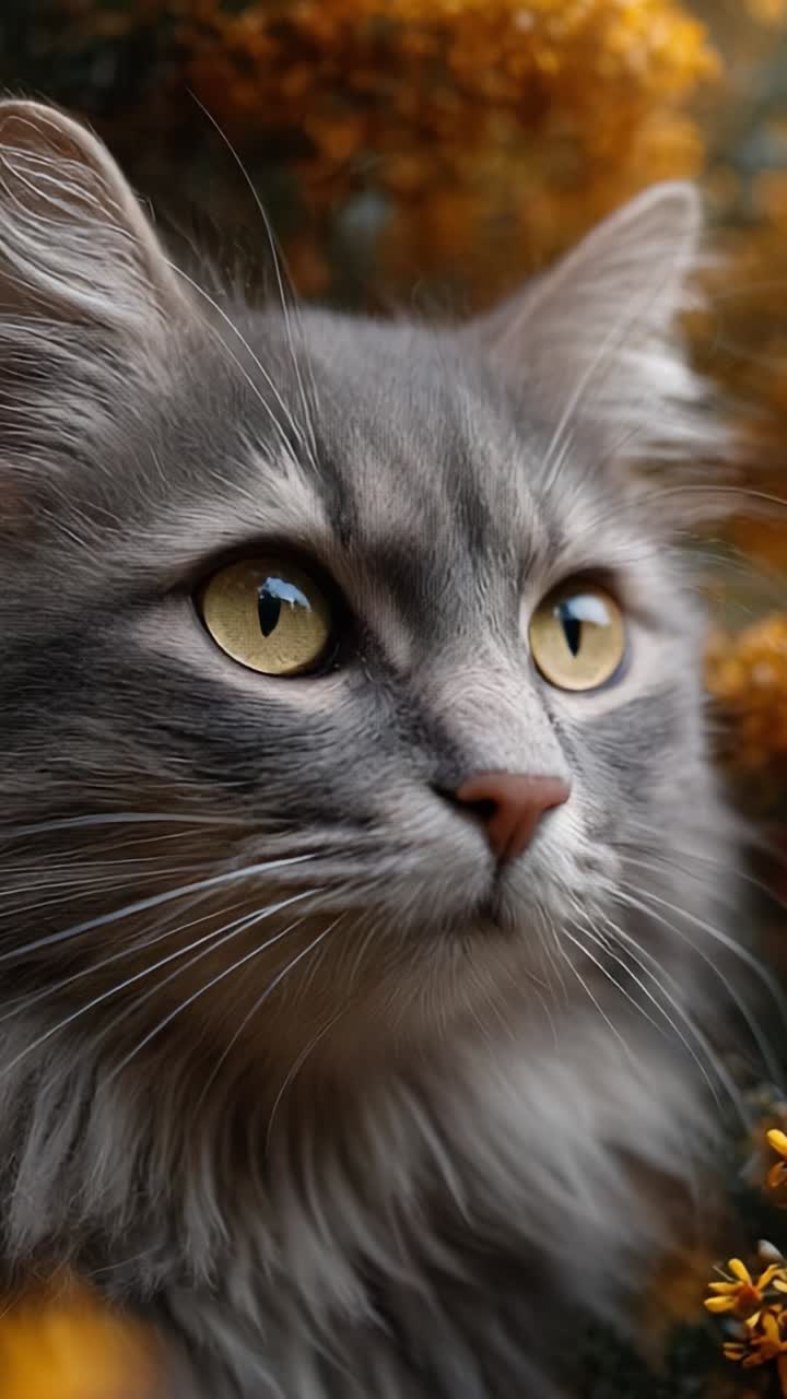 A Beautiful Gray Cat with Striking Yellow Eyes Poses Amidst Vibrant Orange Flowers, Symbolizing Serenity and Nature's Beauty in a Captivating Close-Up