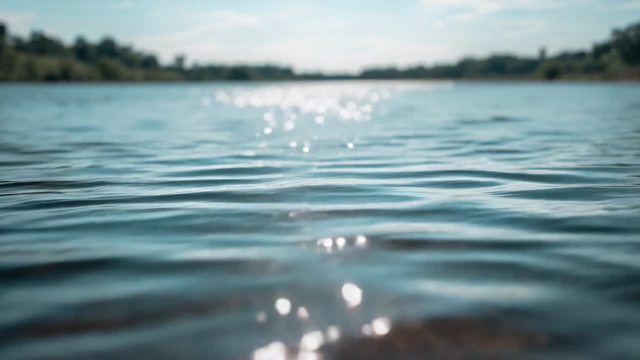 Superficie dell'acqua increspata e scintillante che riflette la luce del sole sul lago vicino alla linea degli alberi, creando un effetto bokeh mutevole