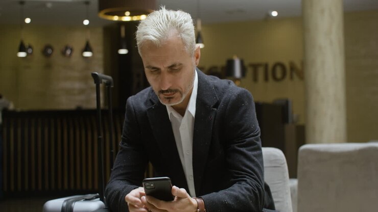 Man sitting and waiting in the hotel hallway