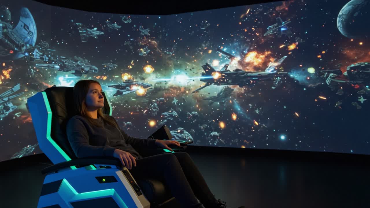 Immersive Space Adventure: A Young Woman Engages with a Stunning Virtual Reality Experience Surrounded by Epic Cosmic Battles and Dazzling Galaxies