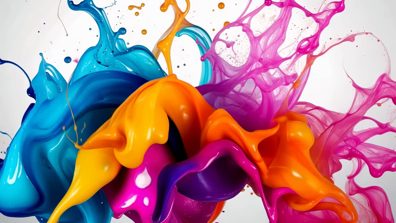 Dynamischer Spritzer lebendiger Farben, aus frontaler Perspektive aufgenommen, einem Videostandbild ähnelnd