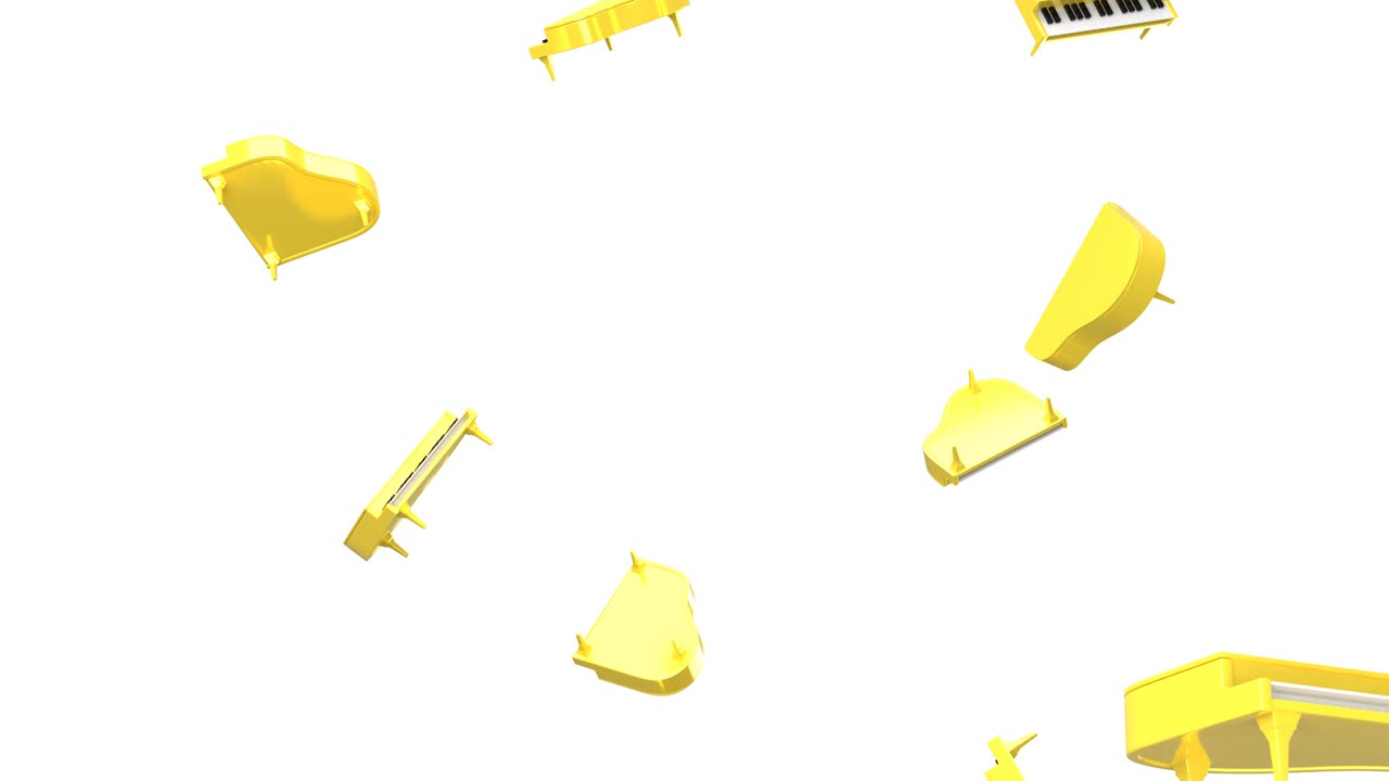 Flying yellow pianos on white background.