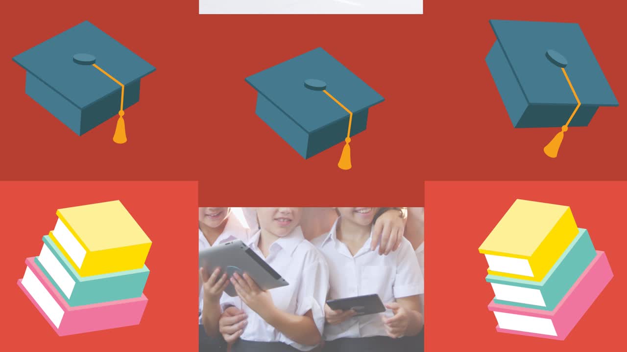 animación de libros escolares y sombreros de graduación sobre los escolares utilizando tableta y cuadrados rojos