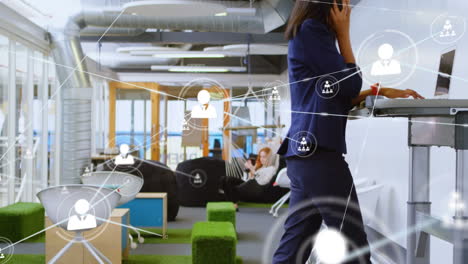 animation of profile icons over caucasian woman talking on smartphone while walking on treadmill