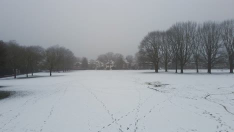 low aerial over snow covered park with tracks prints in the snow