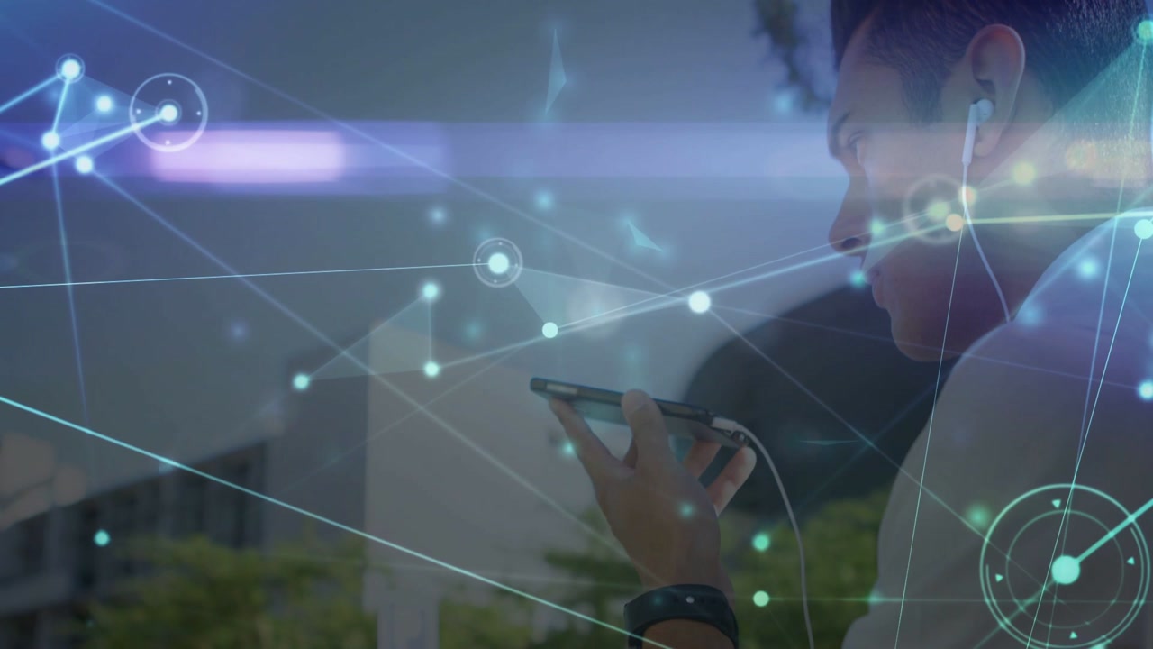 Adult male raising phone, speaking and listening for technology demo, network overlay expanding